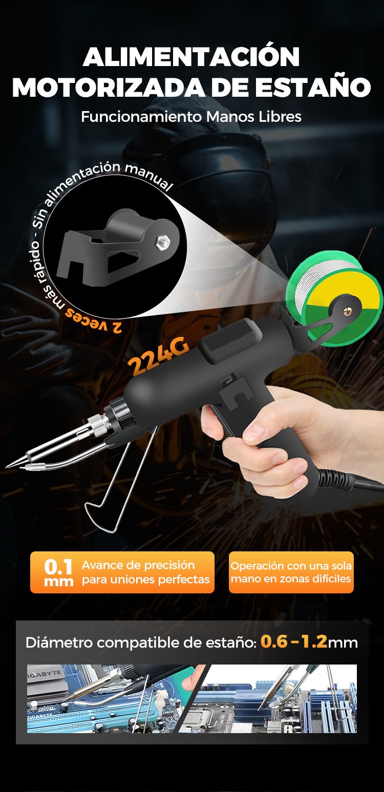 Alimentación motorizada de estaño — funcionamiento manos libres, estaño de 0.6 a 1.2 mm